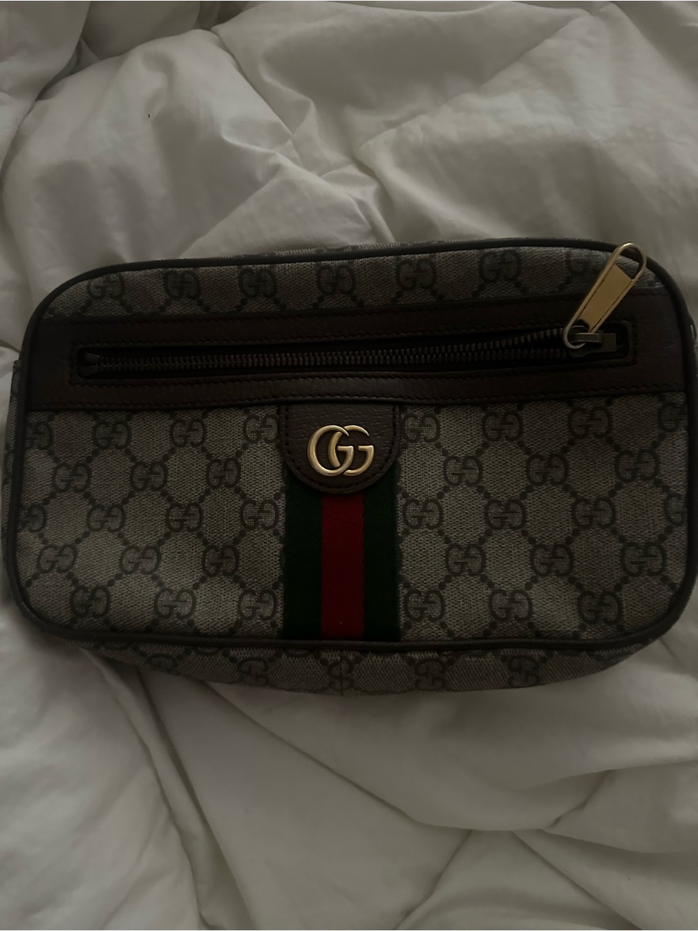 Gucci Brown Beige GG Canvas Web Stripe Bag with Gold Hardware